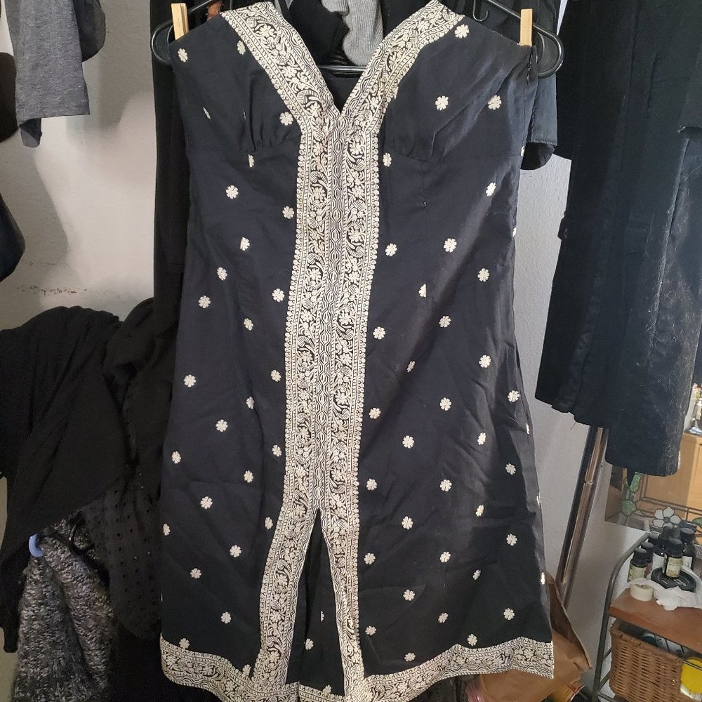 Lightweight Abstract Tribal Floral Lined Dress Crossback Spaghetti Strap Navy 6